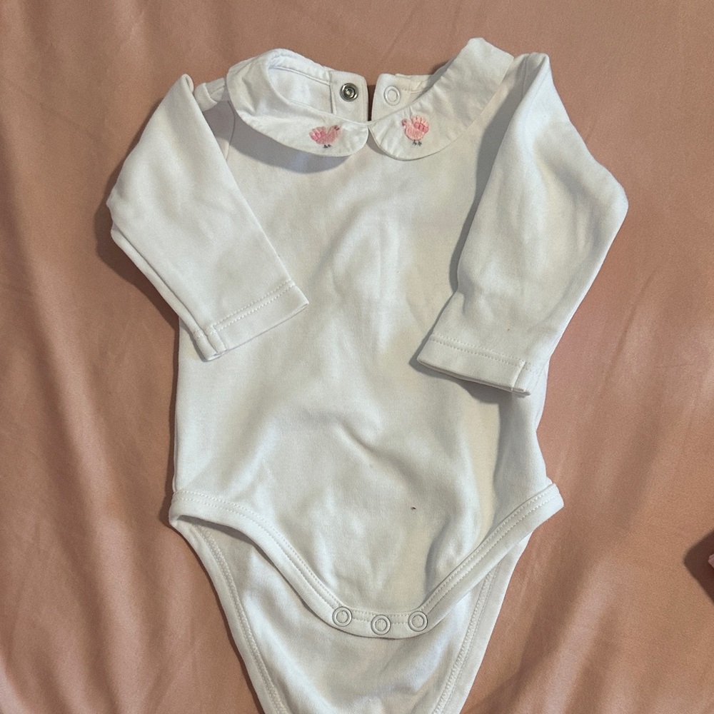 JACADI White Long-Sleeve Baby One-Piece with Peter Pan Collar